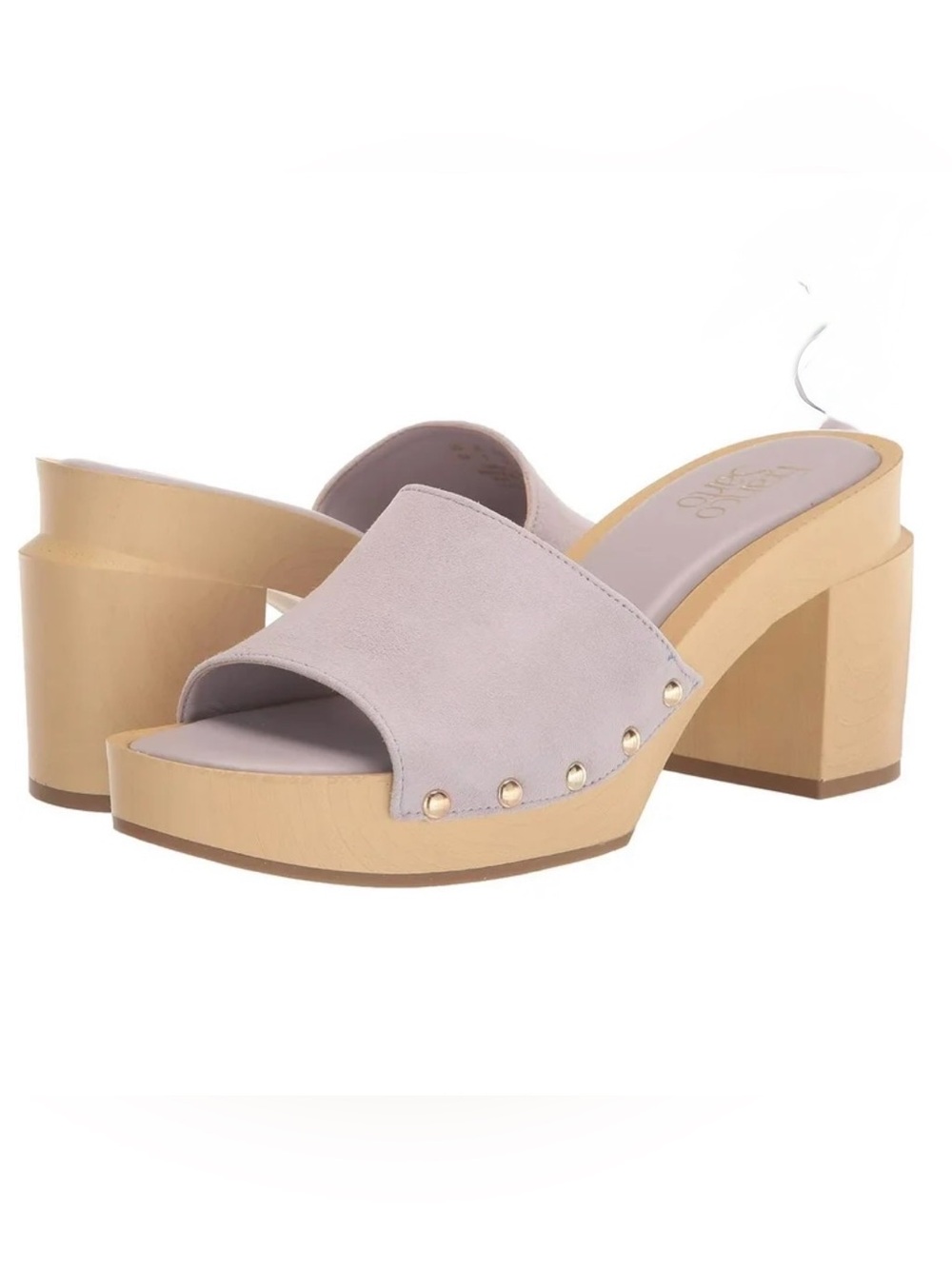 Franco Sarto Blush Light Lavender Suede Silver Studded Wood-Platform Mule